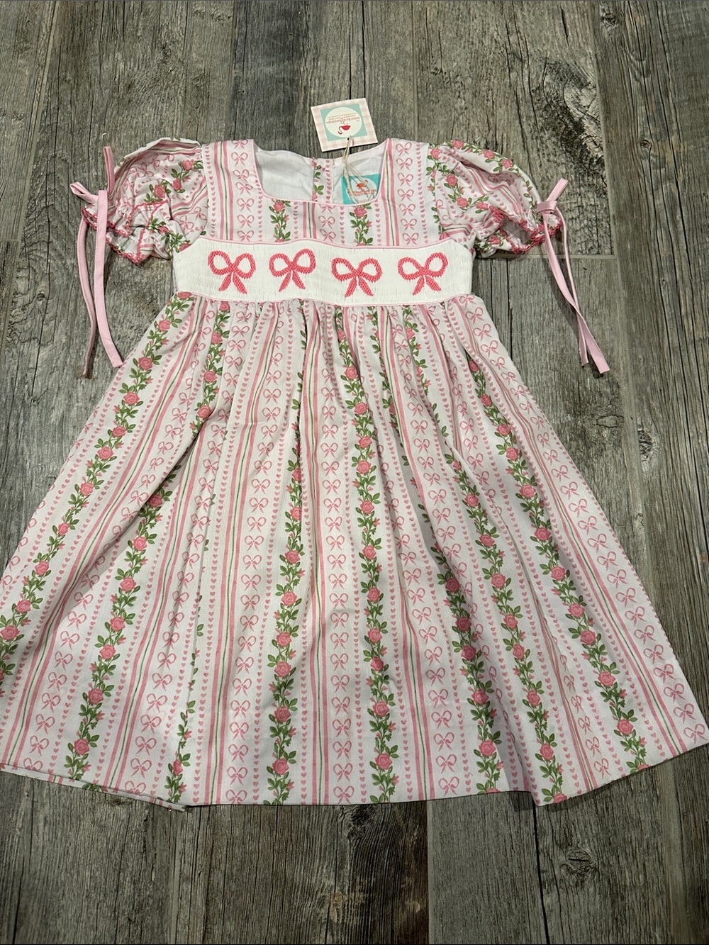 The Smocked Flamingo Boutique Smocked Fancy Floral Bow Pique Dress NWT